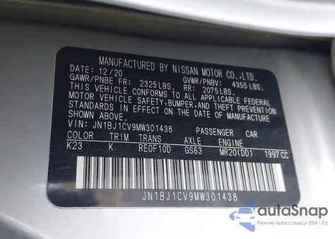 2021 Nissan Rogue Sport Sl Fwd Xtronic Cvt from USA, damaged, VIN JN1BJ1CV9MW301438